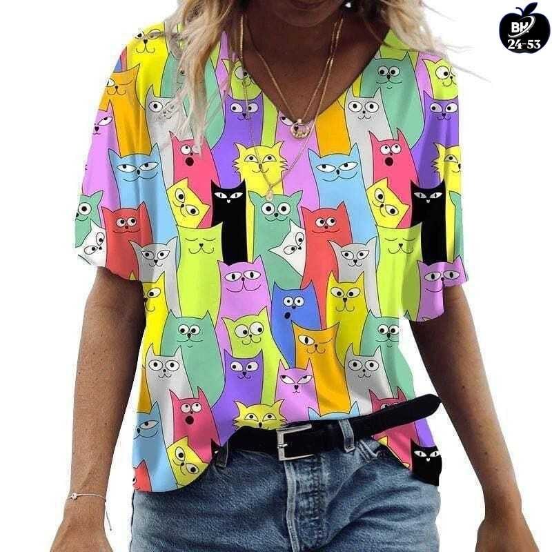 женские футболки с принтом,женские модные повседневные футболки,футболки женская,женская футболка с котиками,блузка с котиками