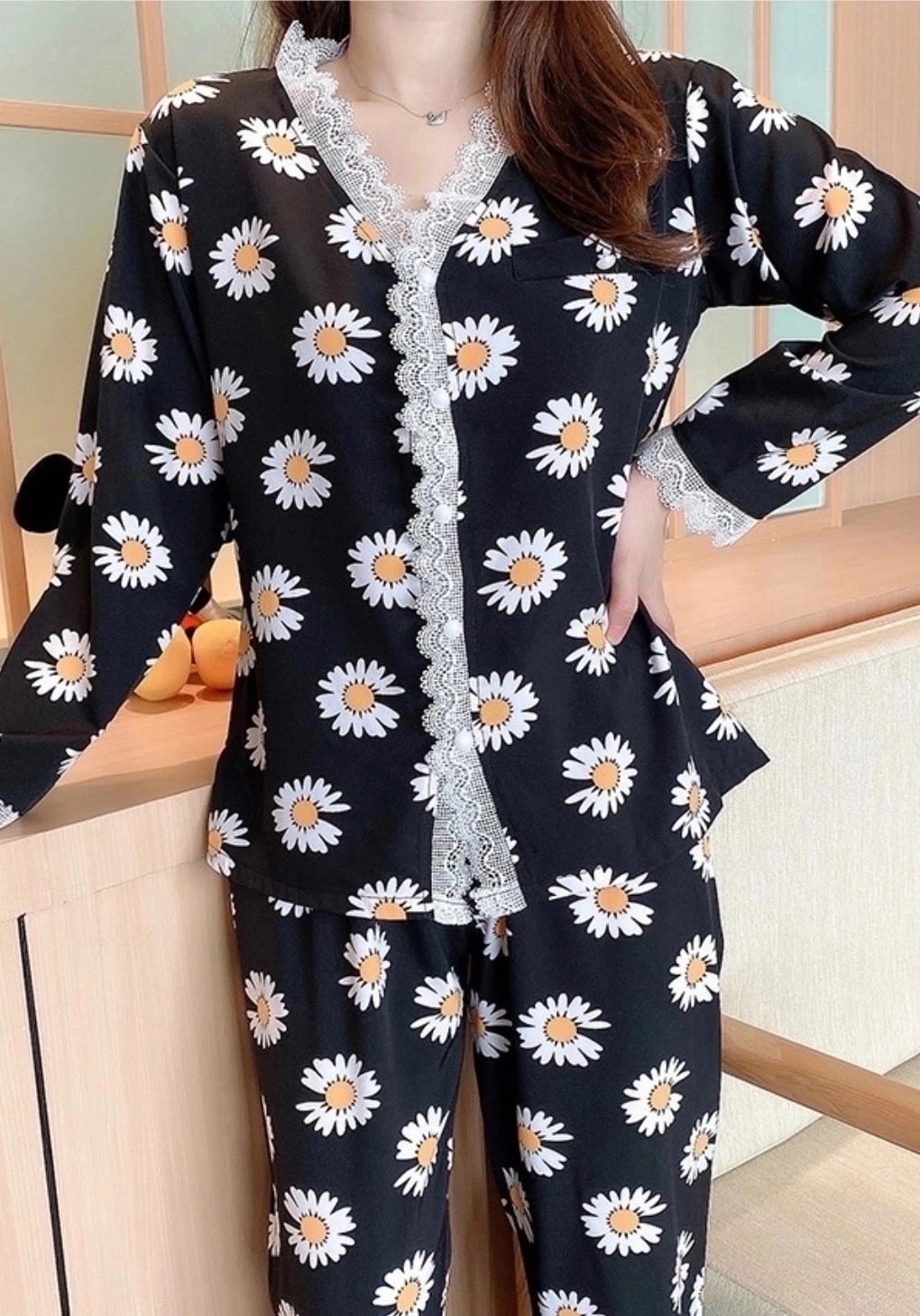 женская пижама,пижама с ромашками,комплект пижама,пижама для женщин,пижама с длинными рукавами