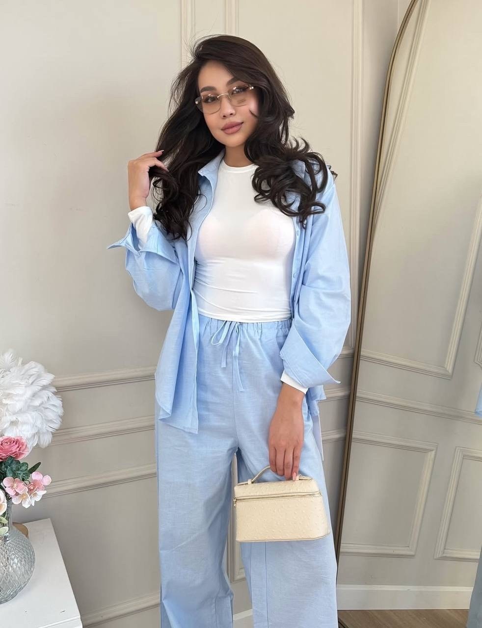 костюм женский (рубашка и брюки) mist summer time р.42 голубой,костюм брючный,костюм голубой,костюм с рубашкой и брюками из мягчайшей ткани,женский костюм