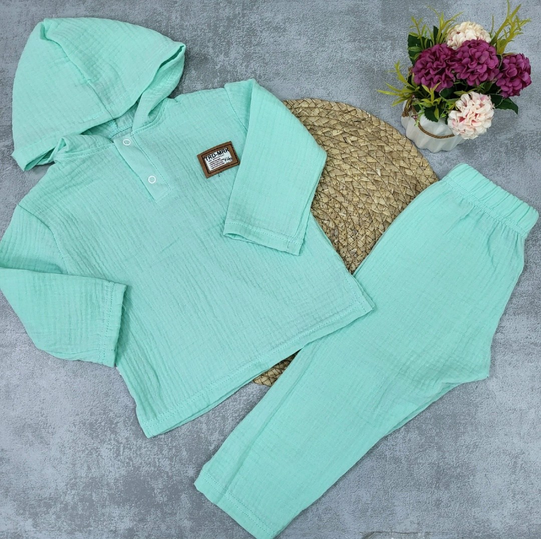 комплект костюм,комплект одежды для мальчика,муслиновый костюм детский,муслиновая рубашка с капюшоном для мальчика,муслиновый костюм для мальчика