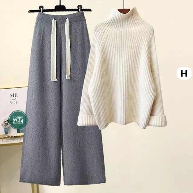 трикотажный костюм женский с брюками,женский комплект из большого свитера с высоким воротником и широких брюк,зимние теплые трикотажные комплекты для женщин,женский костюм лапша,брюки с широкими штани