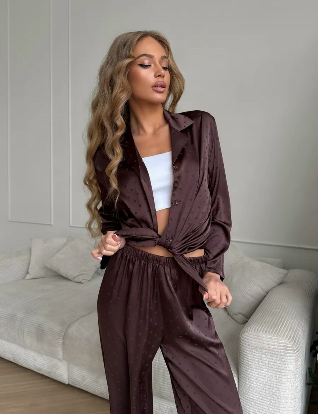 шелковый костюм в пижамном стиле с брюками shokh,шелковый домашний костюм в пижамном стиле,костюм брючный шёлк "шоколад",шелковый костюм в пижамном стиле,шелковый брючный костюм