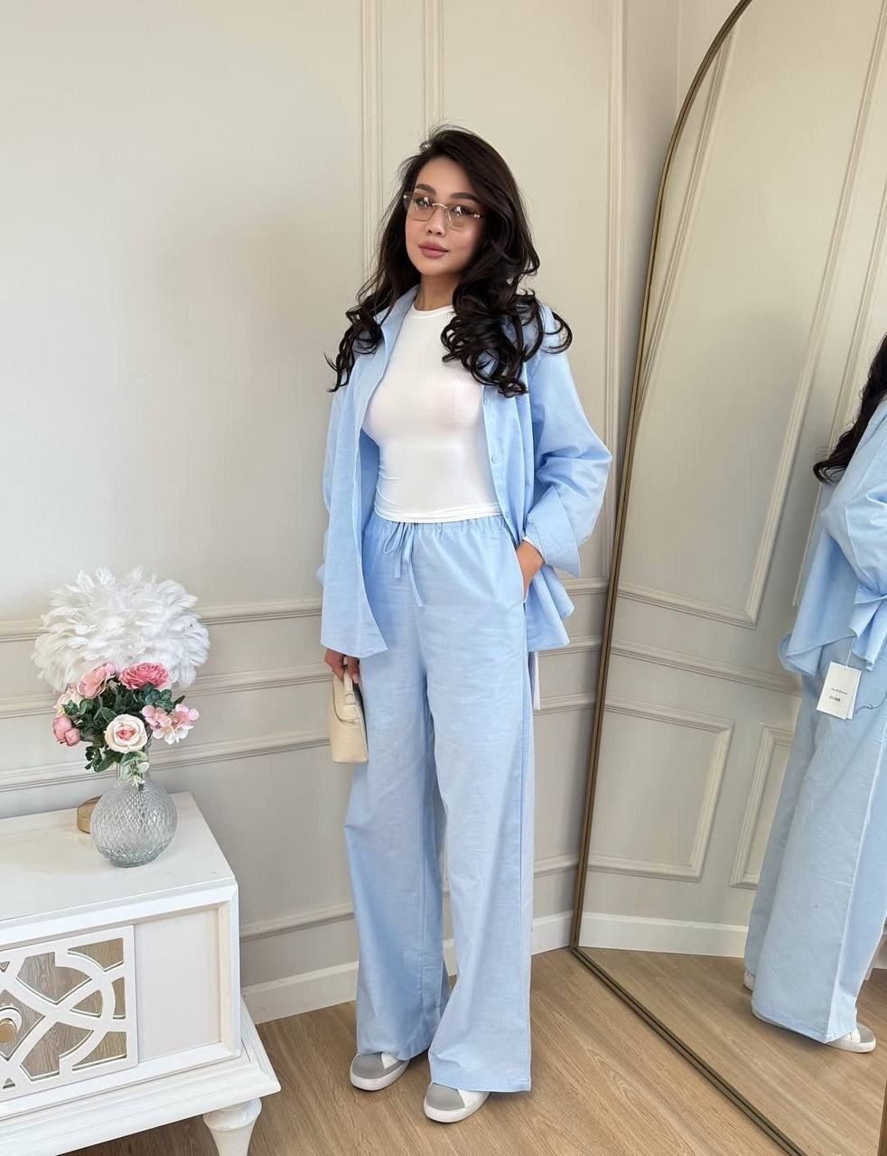 костюм женский (рубашка и брюки) mist summer time р.42 голубой,костюм брючный,костюм голубой,костюм с рубашкой и брюками из мягчайшей ткани,женский костюм