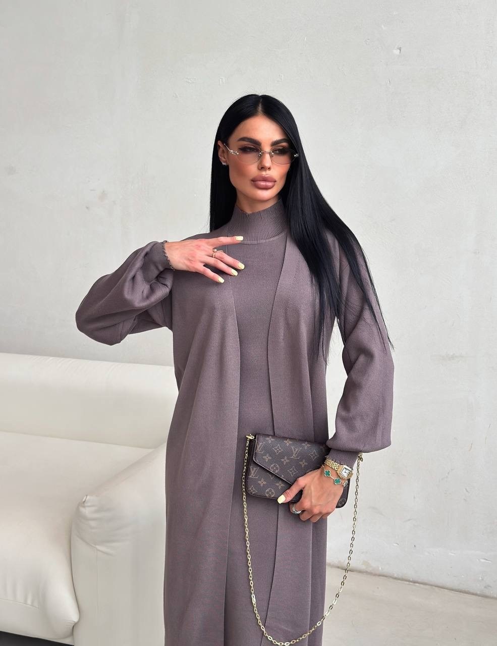 костюм двойка женский платье кардиган,двойка платье и кардиган,платье кардиган,платье лапша с кардиганом,костюм whiteroom женский двойка: платье с кардиганом и поясом темно-серый