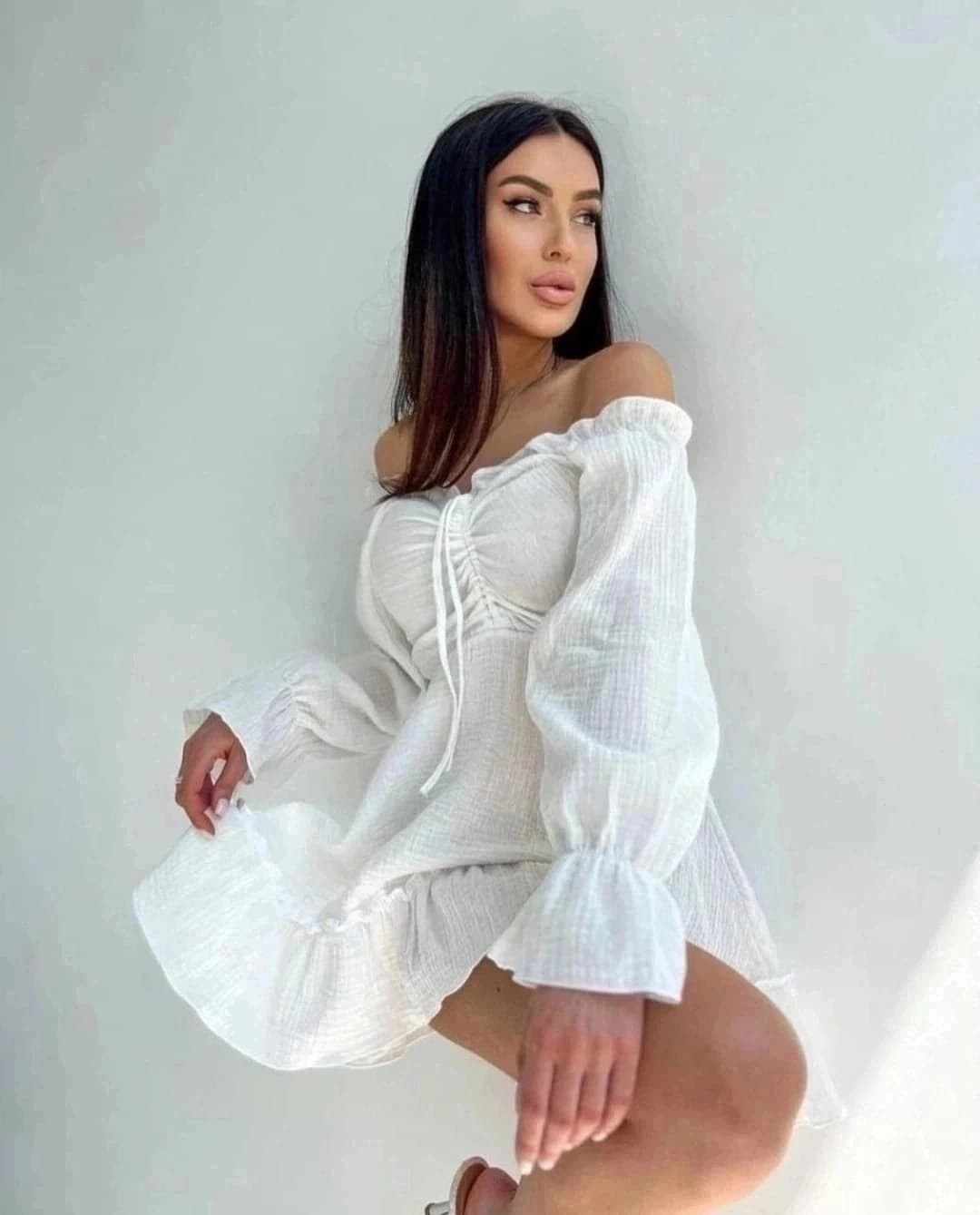 платье с объемными рукавами,платье с открытыми плечам,платье летнее из муслина,летнее женское платье,платье летнее