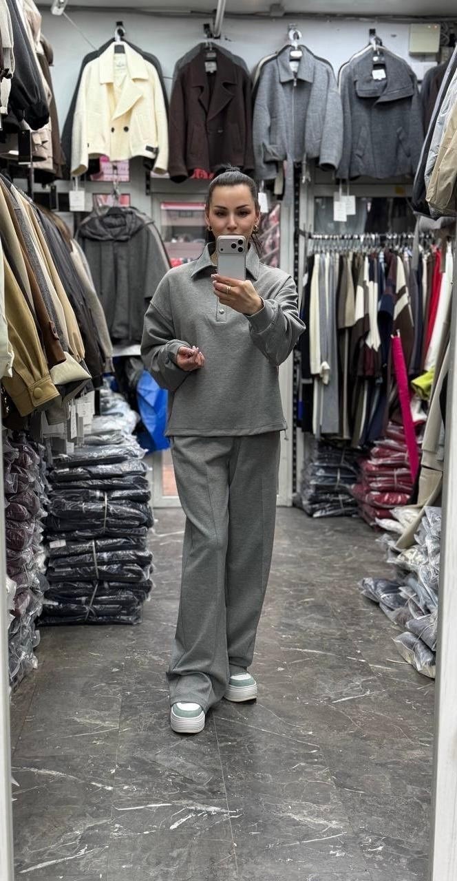 спортивный костюм,костюм спортивный на флисе leo.ni цвет светло-серый,костюм из футера брюки палаццо,трикотажный костюм,женские костюмы спортивные