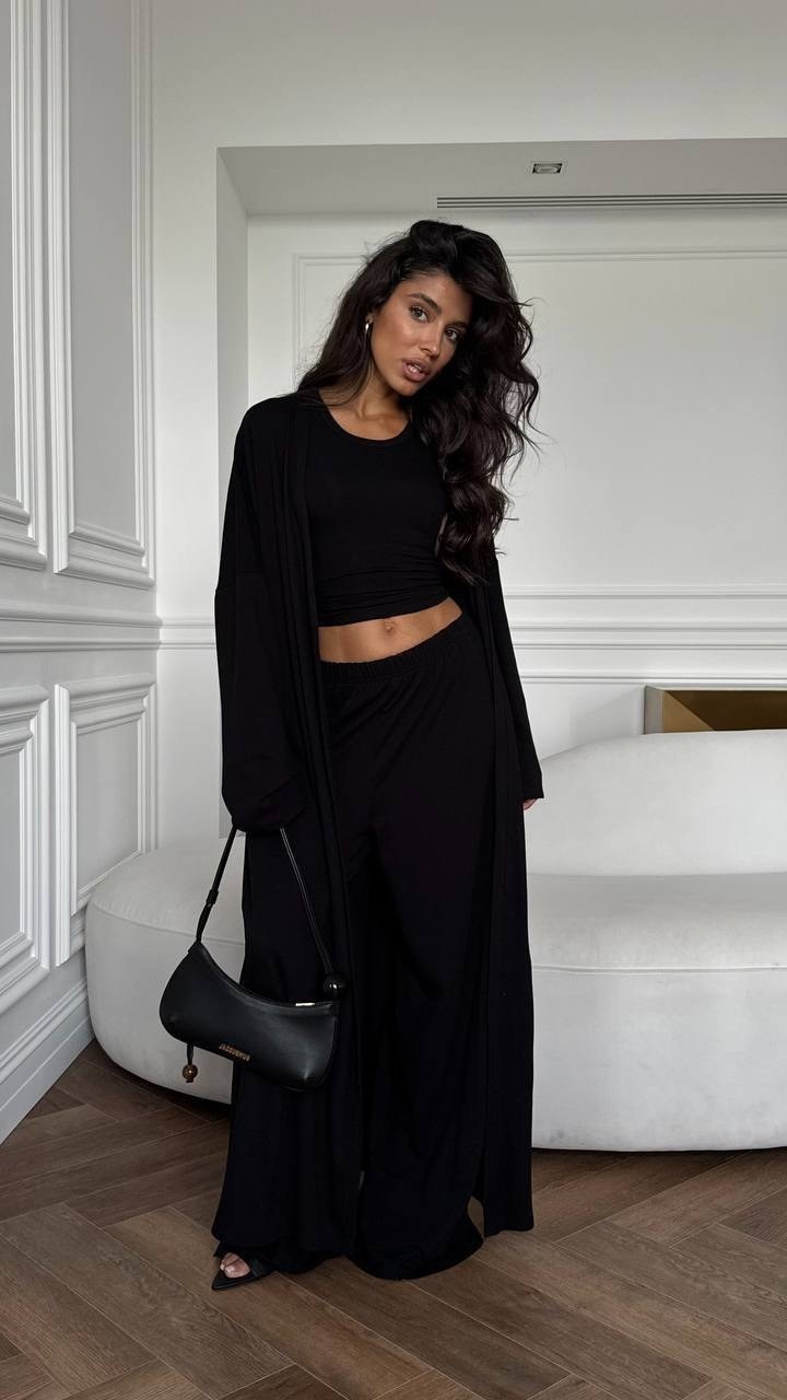 комплект черных,костюм тройка (кардиган + топ + брюки) цвет черный,костюм с брюками палаццо,костюм с брюками,стильные костюмы