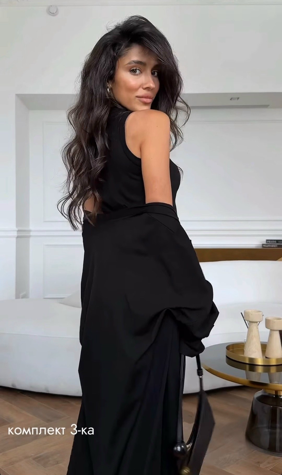 комплект черных,костюм тройка (кардиган + топ + брюки) цвет черный,костюм с брюками палаццо,костюм с брюками,стильные костюмы