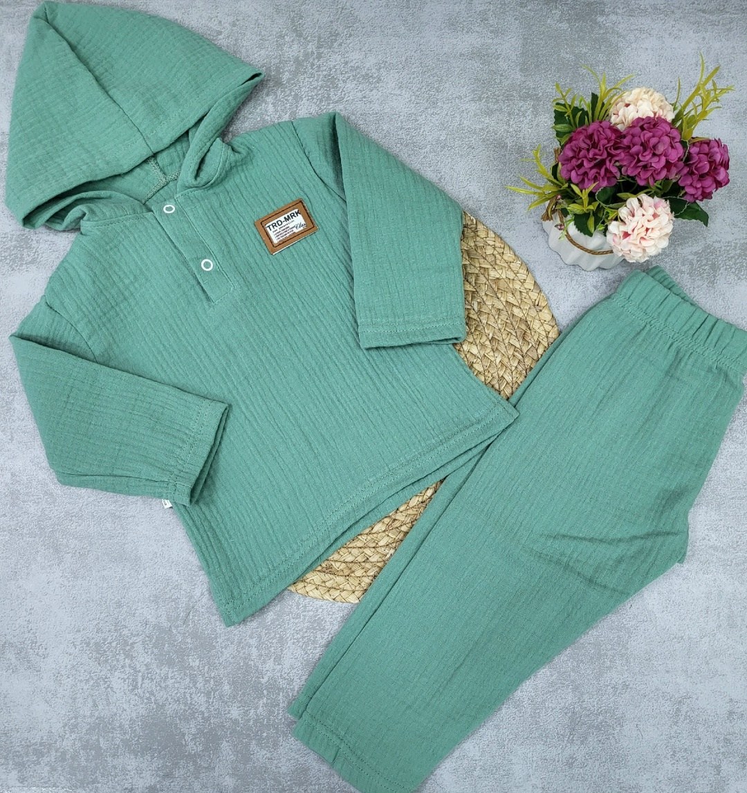 комплект костюм,комплект одежды для мальчика,муслиновый костюм детский,муслиновая рубашка с капюшоном для мальчика,муслиновый костюм для мальчика