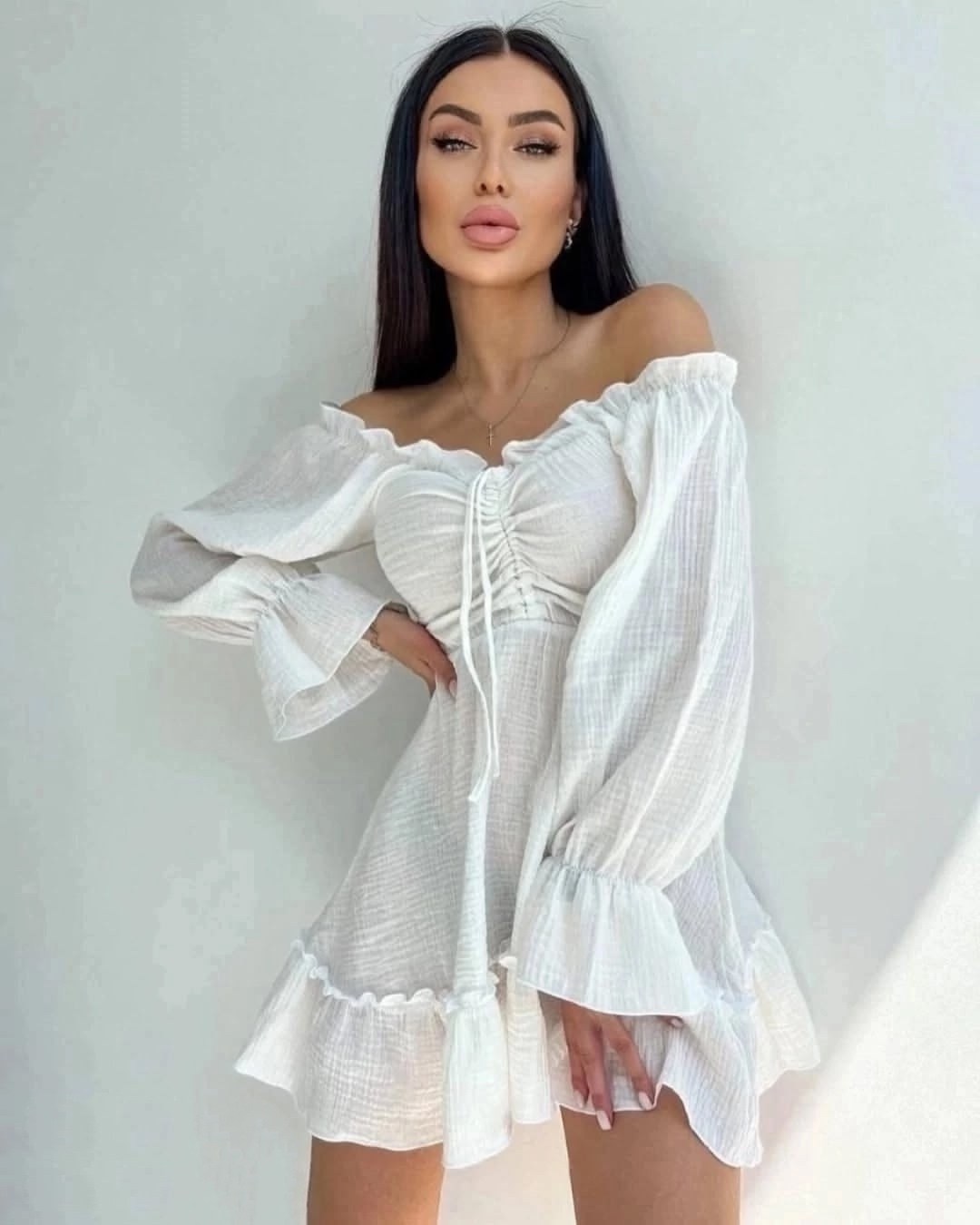 платье с объемными рукавами,платье с открытыми плечам,платье летнее из муслина,летнее женское платье,платье летнее