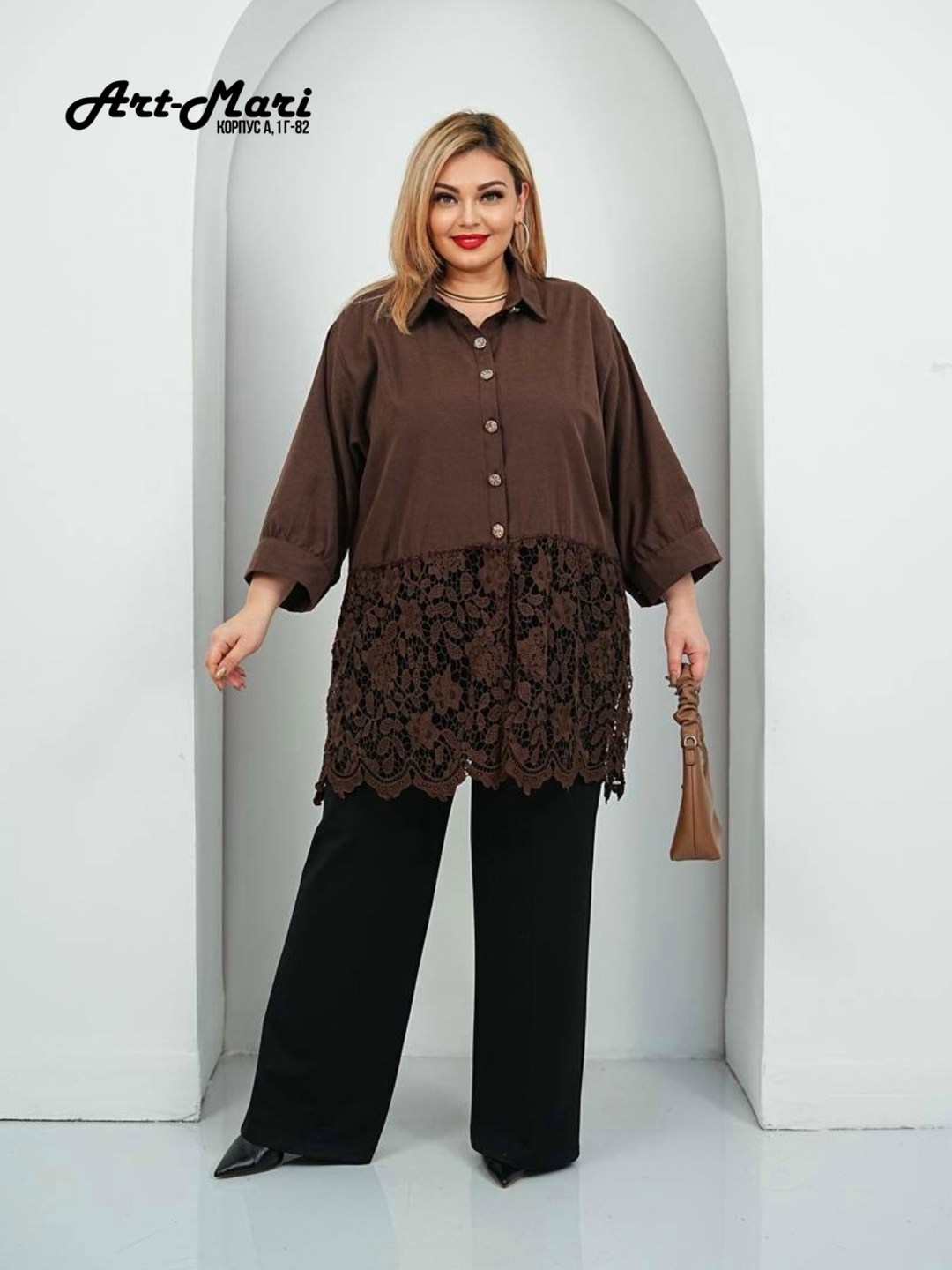 брючный костюм rumoda 2213 коричневый,туника большие размеров,туника для полных,брючный костюм rumoda 2213 коричневый двойка коричневый размер 48-56,брючный комплект