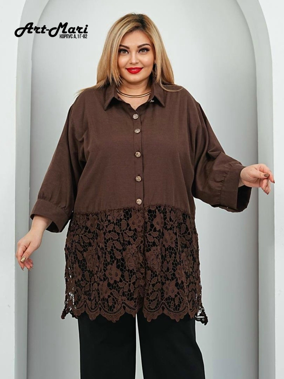 брючный костюм rumoda 2213 коричневый,туника большие размеров,туника для полных,брючный костюм rumoda 2213 коричневый двойка коричневый размер 48-56,брючный комплект