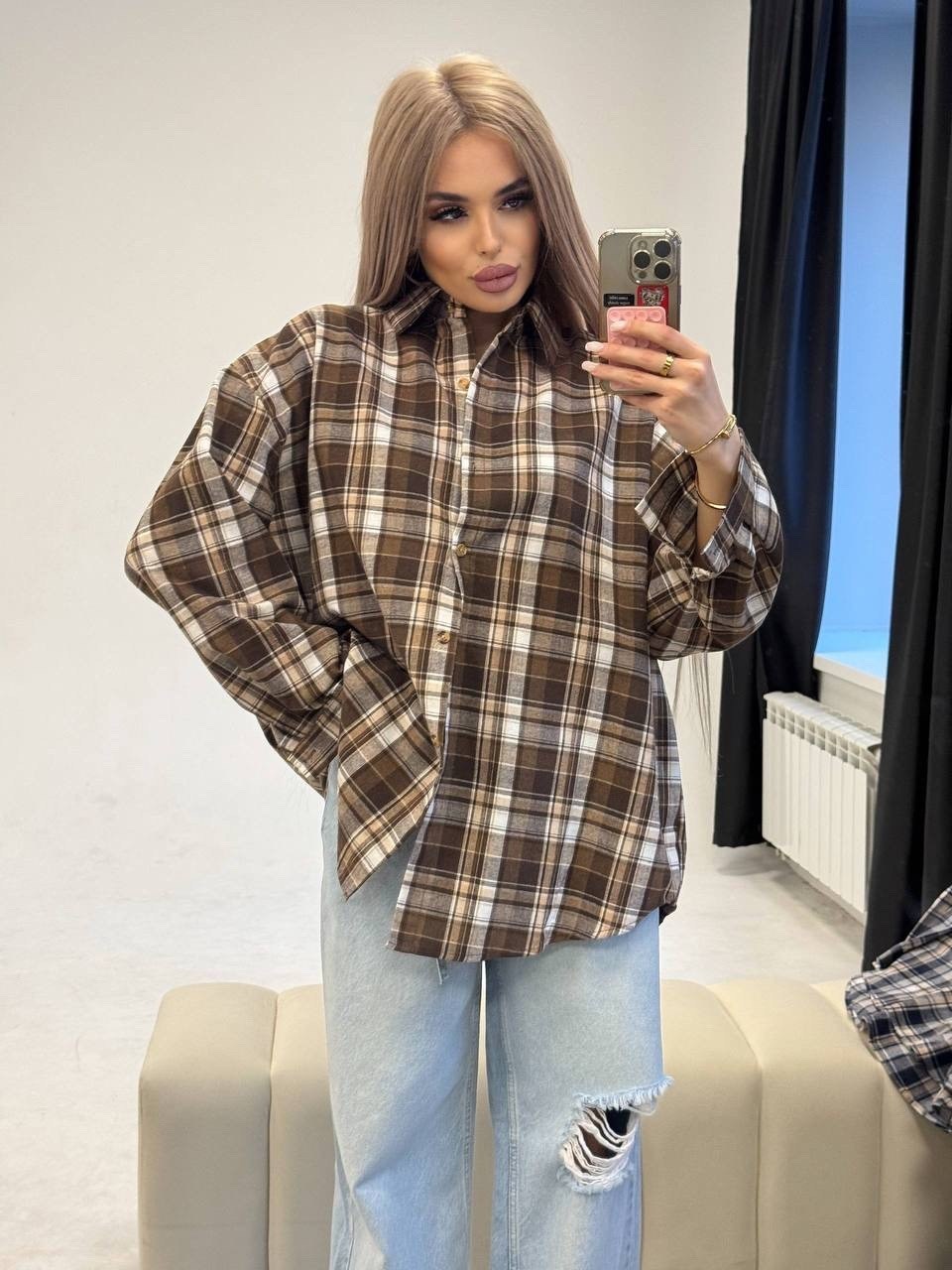 женская рубашка в клетку,женская рубашка,рубашка в клетку,рубашка оверсайз в клетку рваная dream shop one love,рубашка