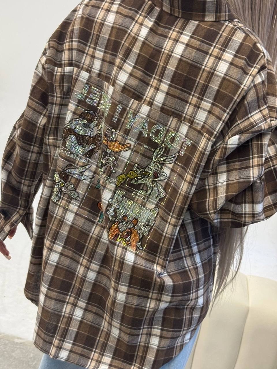 женская рубашка в клетку,женская рубашка,рубашка в клетку,рубашка оверсайз в клетку рваная dream shop one love,рубашка