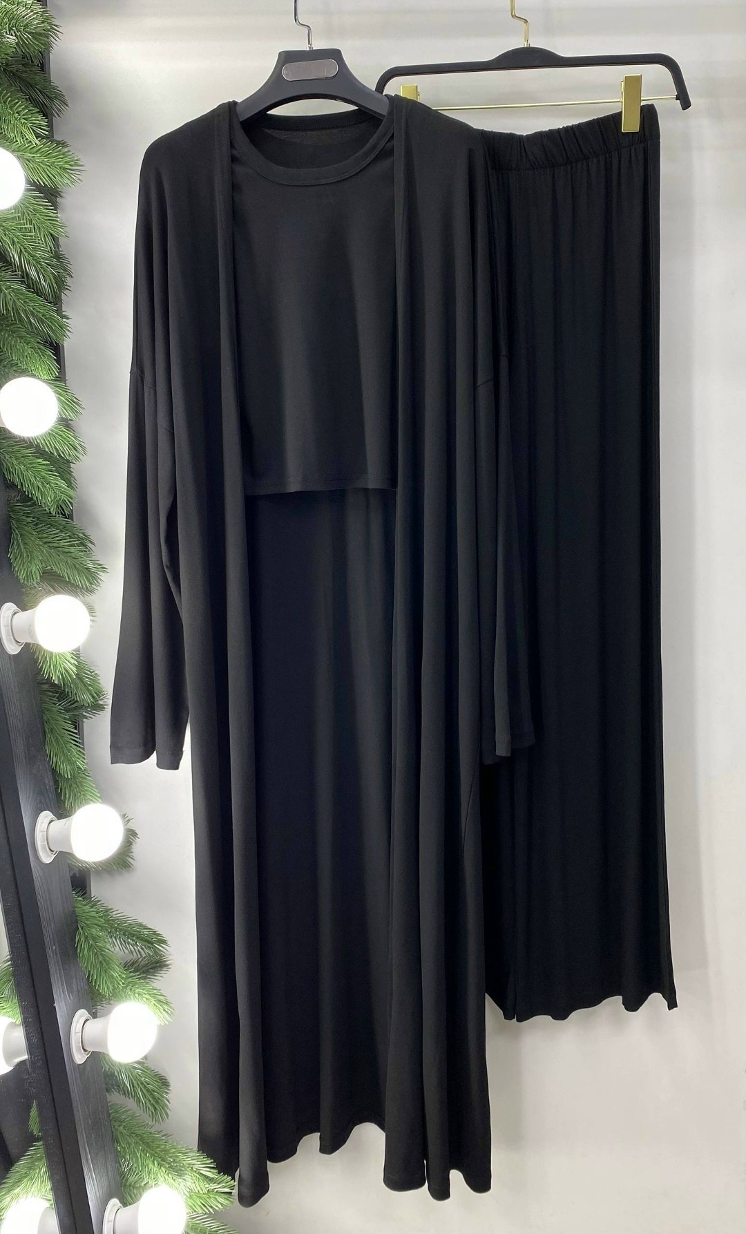 комплект черных,костюм тройка (кардиган + топ + брюки) цвет черный,костюм с брюками палаццо,костюм с брюками,стильные костюмы