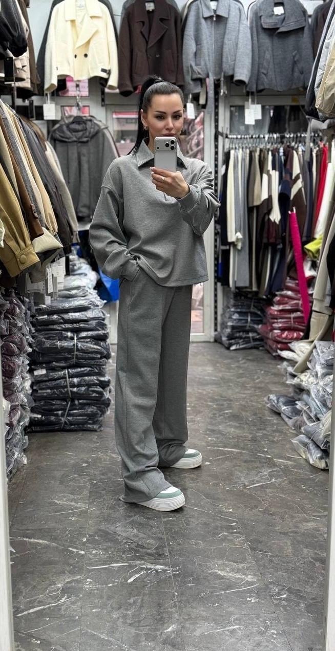 спортивный костюм,костюм спортивный на флисе leo.ni цвет светло-серый,костюм из футера брюки палаццо,трикотажный костюм,женские костюмы спортивные