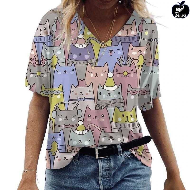 женские футболки с принтом,женские модные повседневные футболки,футболки женская,женская футболка с котиками,блузка с котиками