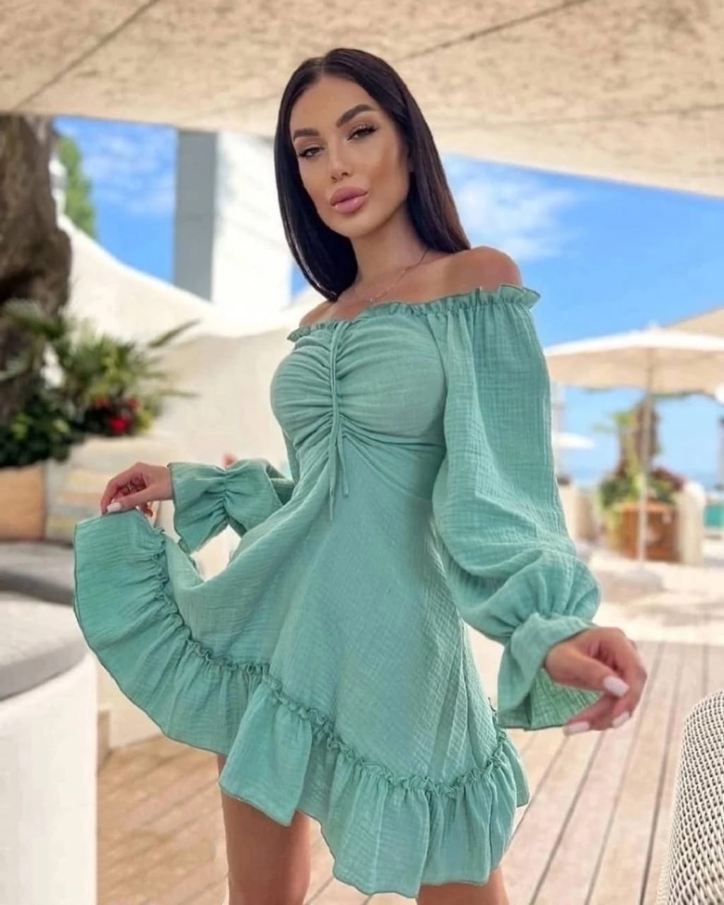 платье с объемными рукавами,платье с открытыми плечам,платье летнее из муслина,летнее женское платье,платье летнее