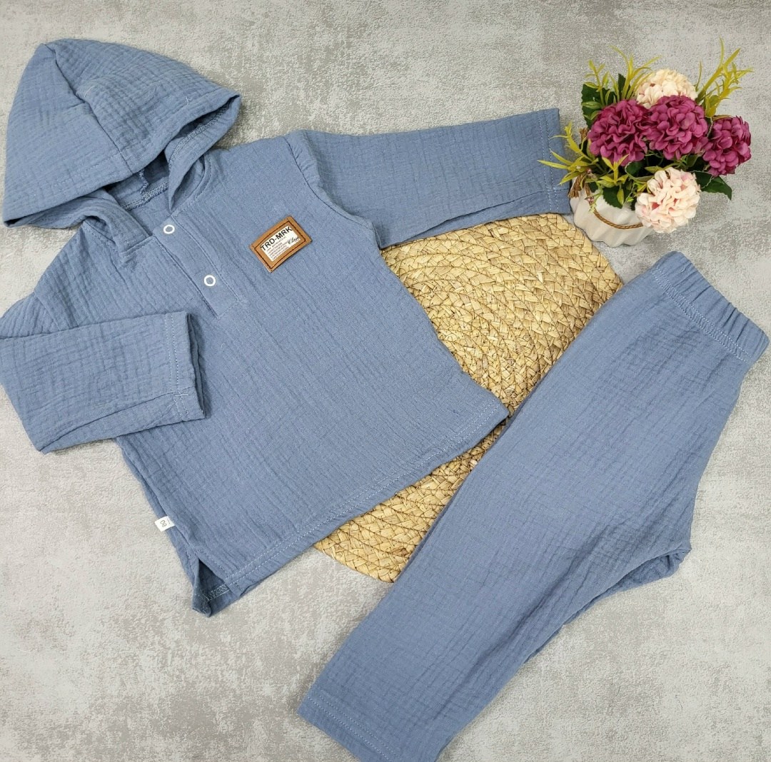 комплект костюм,комплект одежды для мальчика,муслиновый костюм детский,муслиновая рубашка с капюшоном для мальчика,муслиновый костюм для мальчика