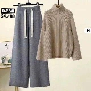 трикотажный костюм женский с брюками,женский комплект из большого свитера с высоким воротником и широких брюк,теплый вязаный костюм,костюм женский кашемировый из свитера и брюк с высоким воротником,же