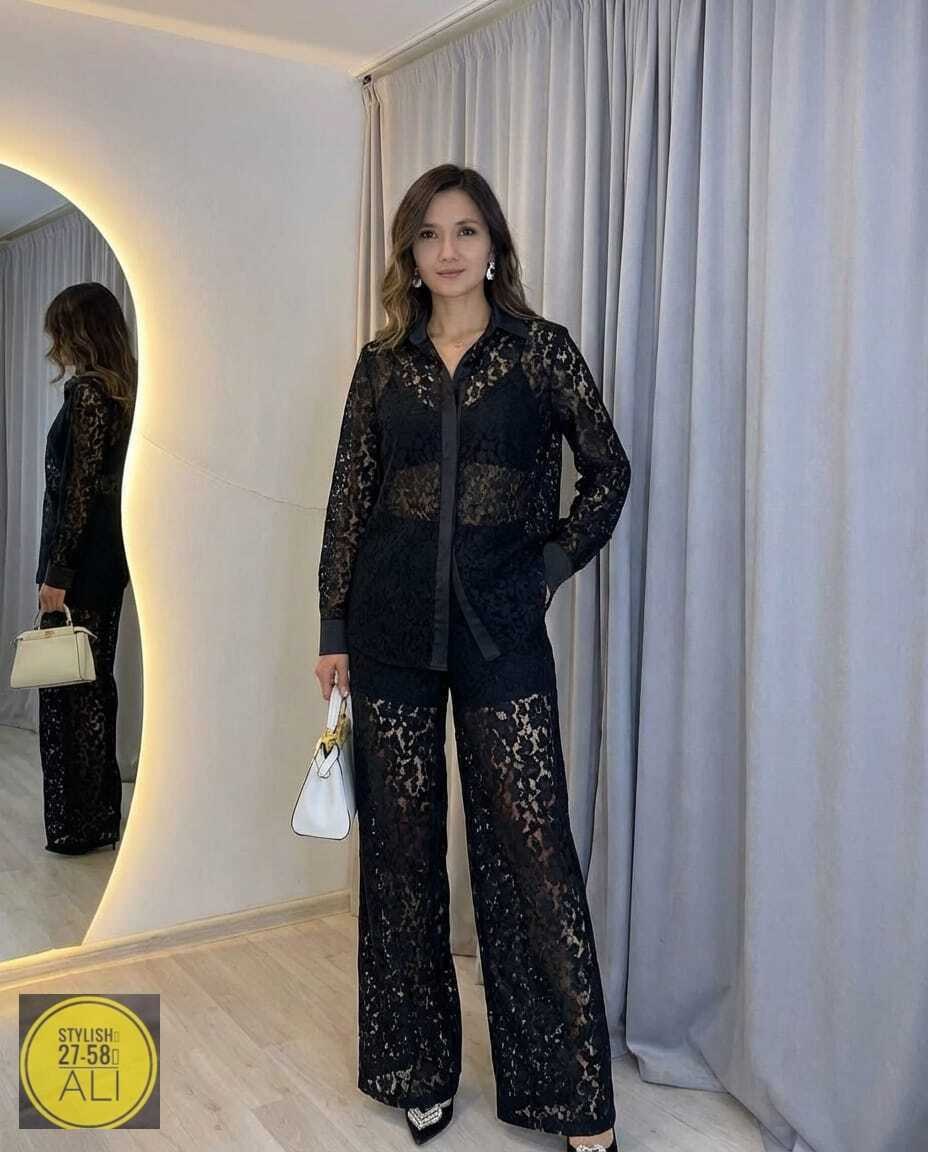 костюм двойка женский брючный кружевной,костюм кружевной брючный с поясом гипюр emberens,брючный костюм,гипюровый костюм,женский брючный костюм