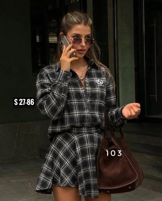 костюм в клетку,костюм с юбкой и рубашкой в клетку,костюм рубашка и юбка,стильный костюм в клетку,рубашка в клетку оверсайз vesnal 246217645