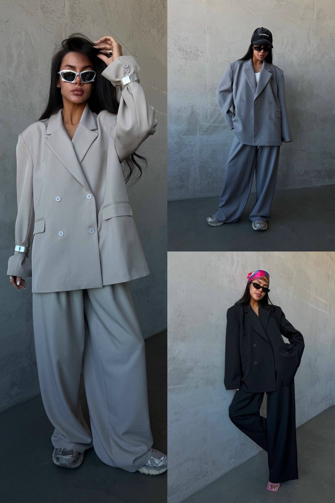 брючный костюм с брюками палаццо и укороченным пиджаком,костюм брюки палаццо и пиджак,брючный костюм,серый брючный костюм,модные брючные костюмы