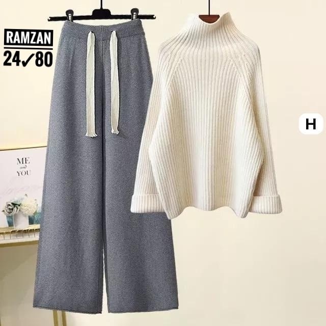 трикотажный костюм женский с брюками,женский комплект из большого свитера с высоким воротником и широких брюк,теплый вязаный костюм,костюм женский кашемировый из свитера и брюк с высоким воротником,же