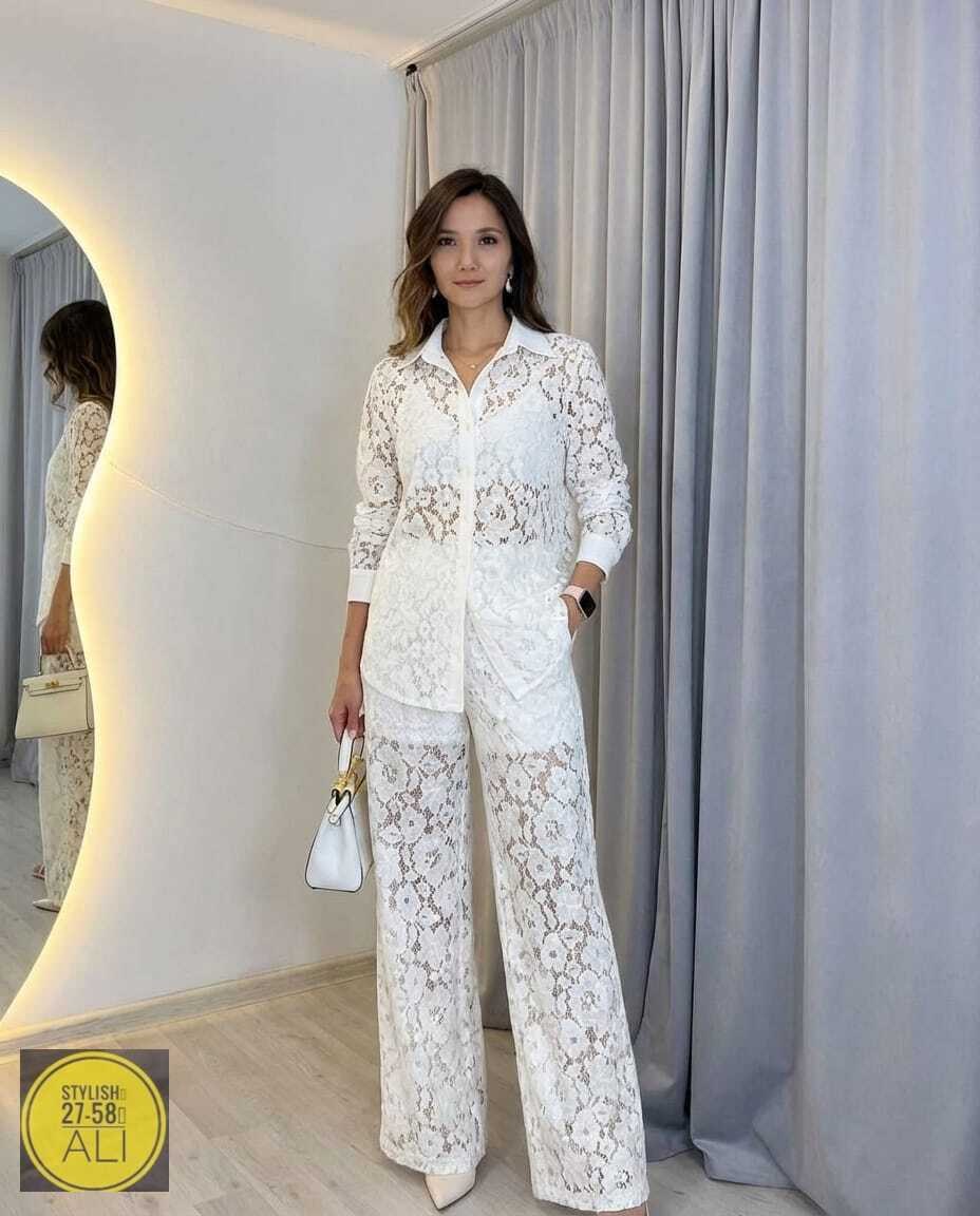 костюм двойка женский брючный кружевной,костюм кружевной брючный с поясом гипюр emberens,брючный костюм,гипюровый костюм,женский брючный костюм
