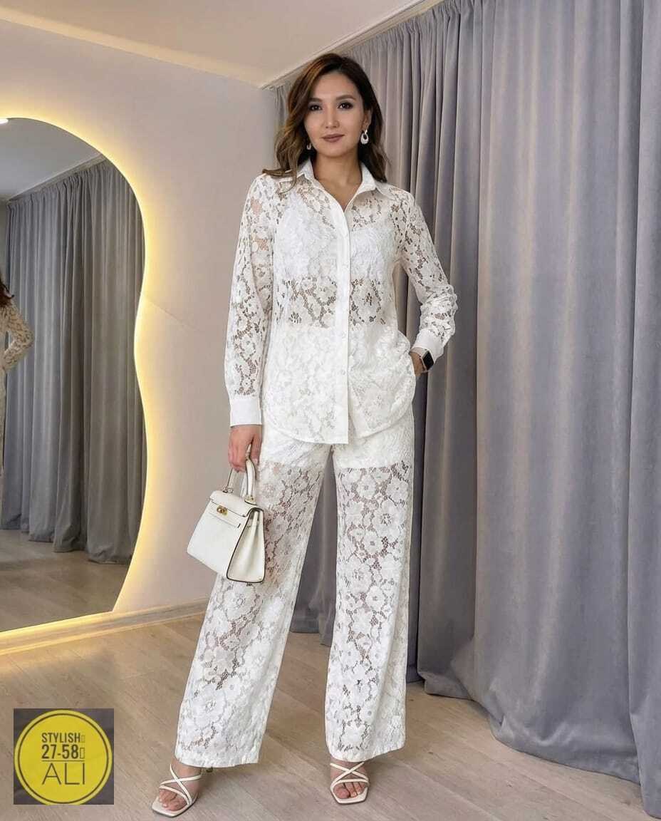 костюм двойка женский брючный кружевной,костюм кружевной брючный с поясом гипюр emberens,брючный костюм,гипюровый костюм,женский брючный костюм