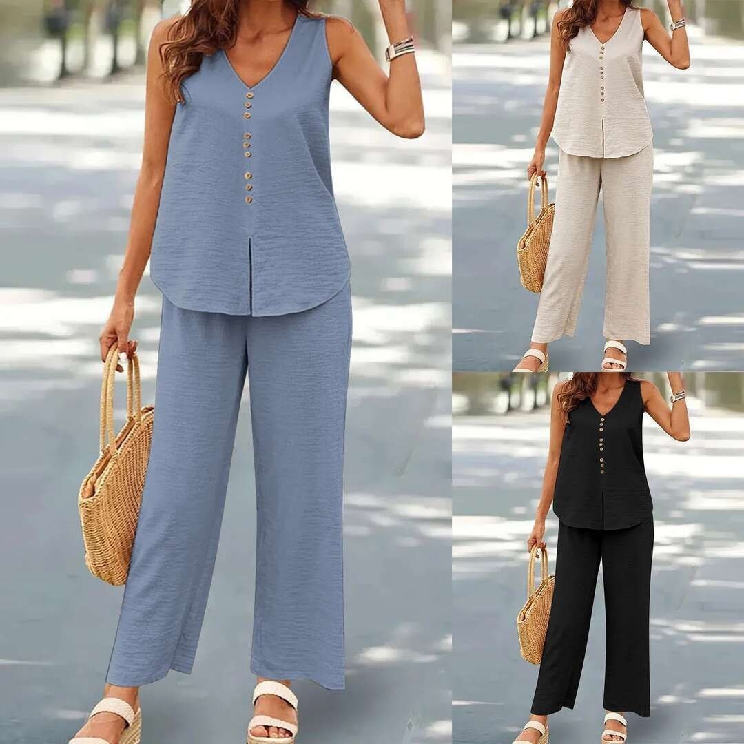 женский повседневный однотонный жилет с v-образным вырезом и широкими брюками,женский брючный костюм,костюм с жилетом и широкими брюками,брючный костюм летний женский,женский брючный костюм на пуговиц