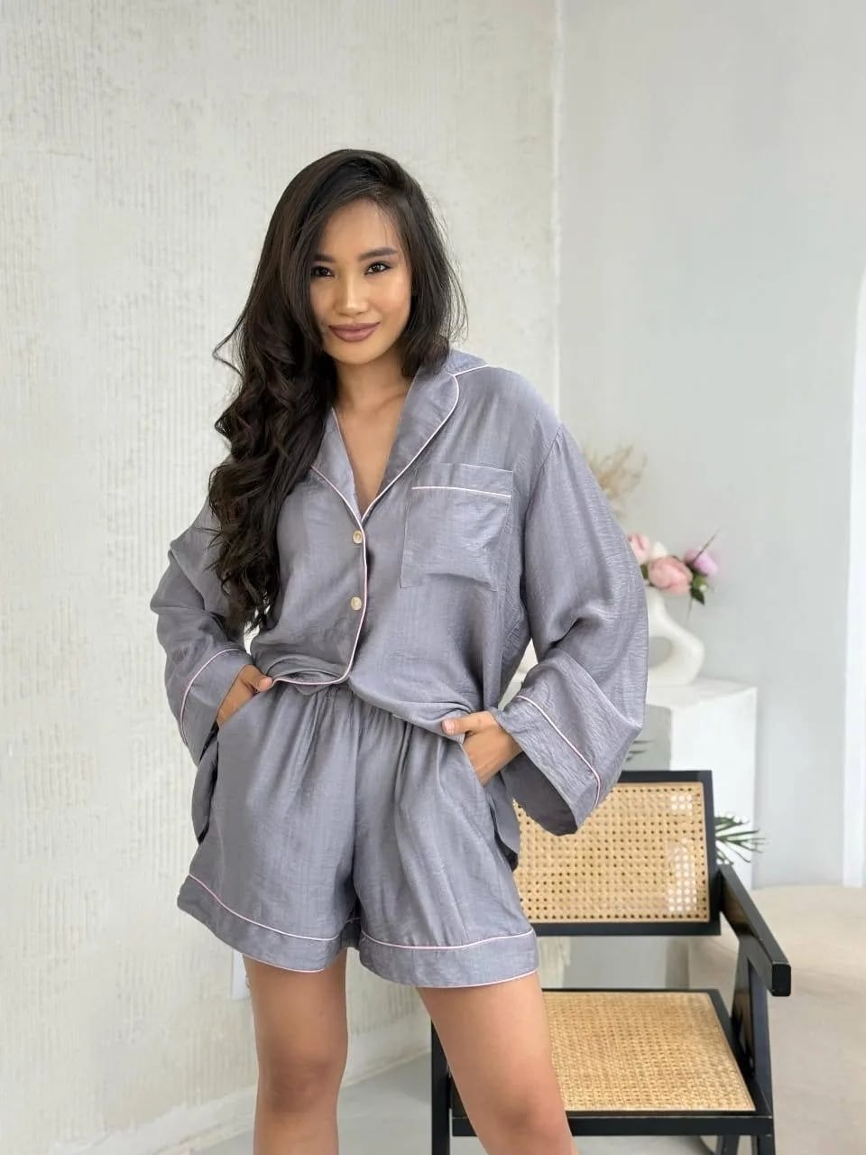 пижама женская с рубашкой,классическая пижама из 100% хлопка,пижама хлопковая со штанами ilova wear,пижама женская,пижама рубашка