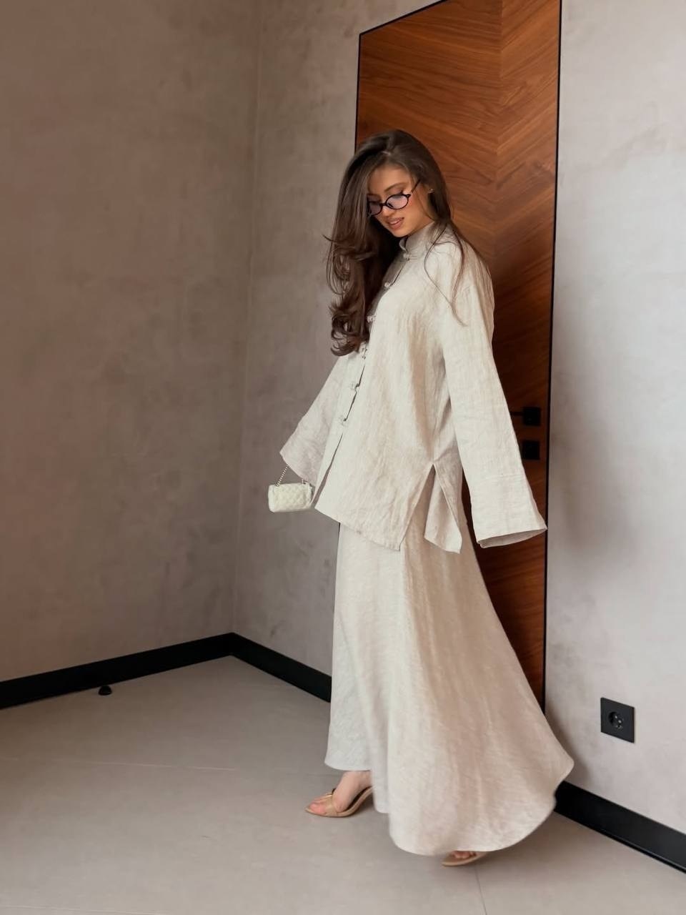брючный костюм dava 2227 бежевый,льняной костюм женский,льняной костюм,костюм летний льняной оверсайз с брюками и рубашкой v&k brandshop,льняной костюм женский оверсайз штаны и рубашка
