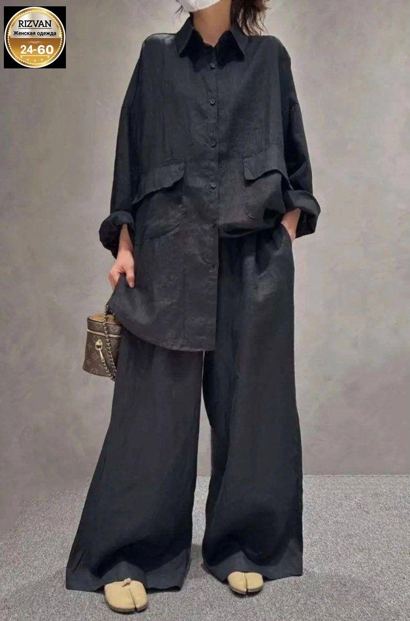 брючный костюм из льна,костюм брючный льняной женский широкие брюки и рубашка moda-mo,льняной костюм женский оверсайз штаны и рубашка,костюм брючный с рубашкой льняной летний оверсайз,льняной костюм