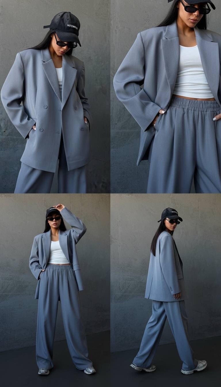 брючный костюм с брюками палаццо и укороченным пиджаком,костюм брюки палаццо и пиджак,брючный костюм,серый брючный костюм,модные брючные костюмы