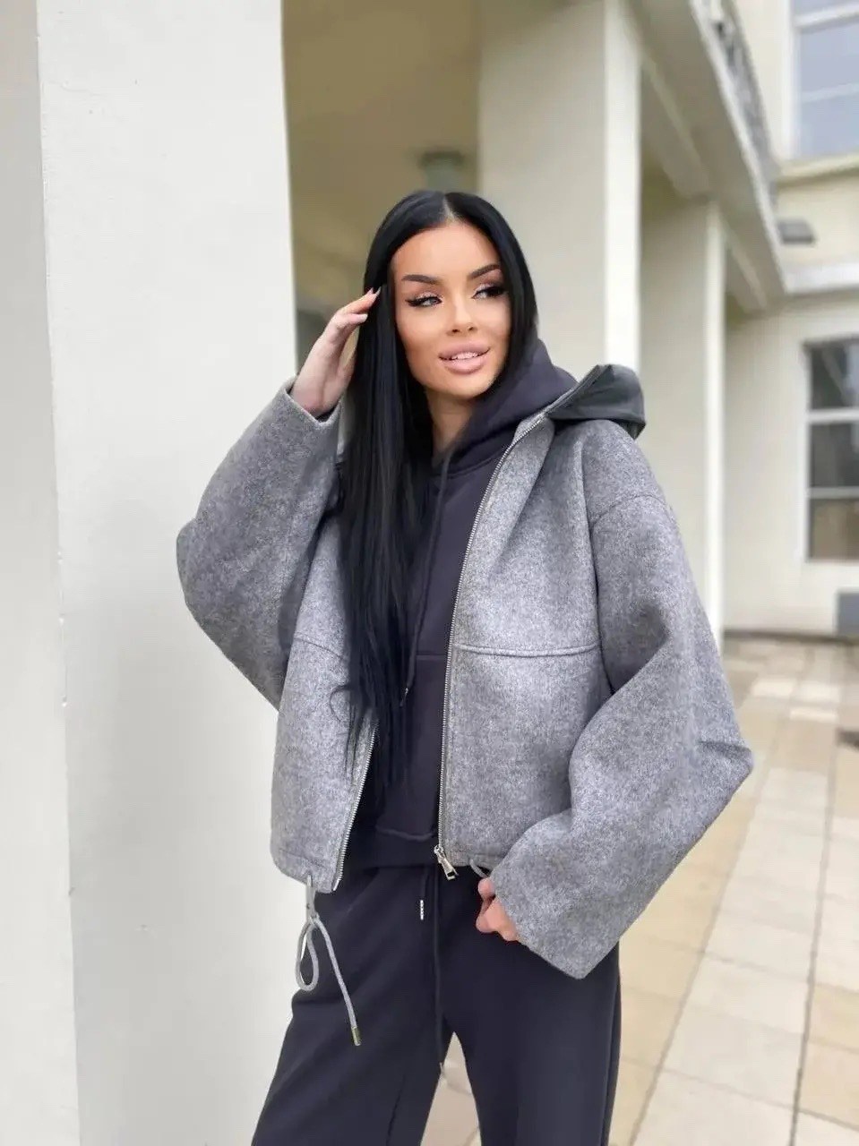 утепленная куртка бомбер оверсайз с капюшоном ronatali цвет серый,куртка,утепленная куртка бомбер пальто оверсайз с капюшоном весна ronatali,женская куртка,оверсайз толстовка