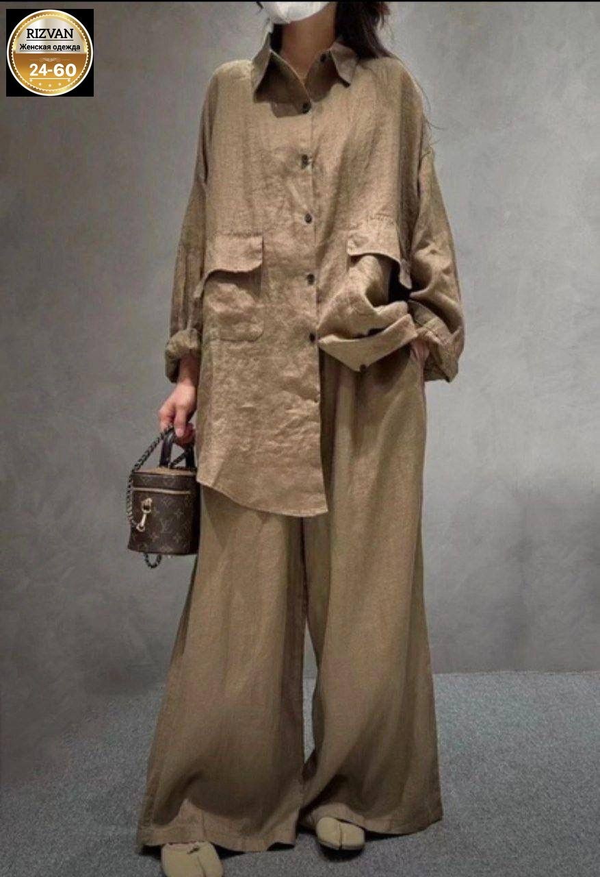 брючный костюм из льна,костюм брючный льняной женский широкие брюки и рубашка moda-mo,льняной костюм женский оверсайз штаны и рубашка,костюм брючный с рубашкой льняной летний оверсайз,льняной костюм