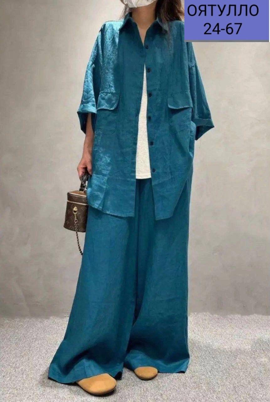 костюм брючный льняной женский широкие брюки и рубашка moda-mo,костюм брючный льняной,костюм льняной женский двойка,льняной костюм оверсайз женский брючный,костюм женский из льна льняной