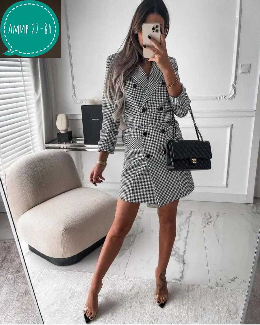 женский длинный пиджак в клетку,платье пиджак в клетку с поясом,платье-пиджак,платье гусиная лапка,платье пиджак в клетку