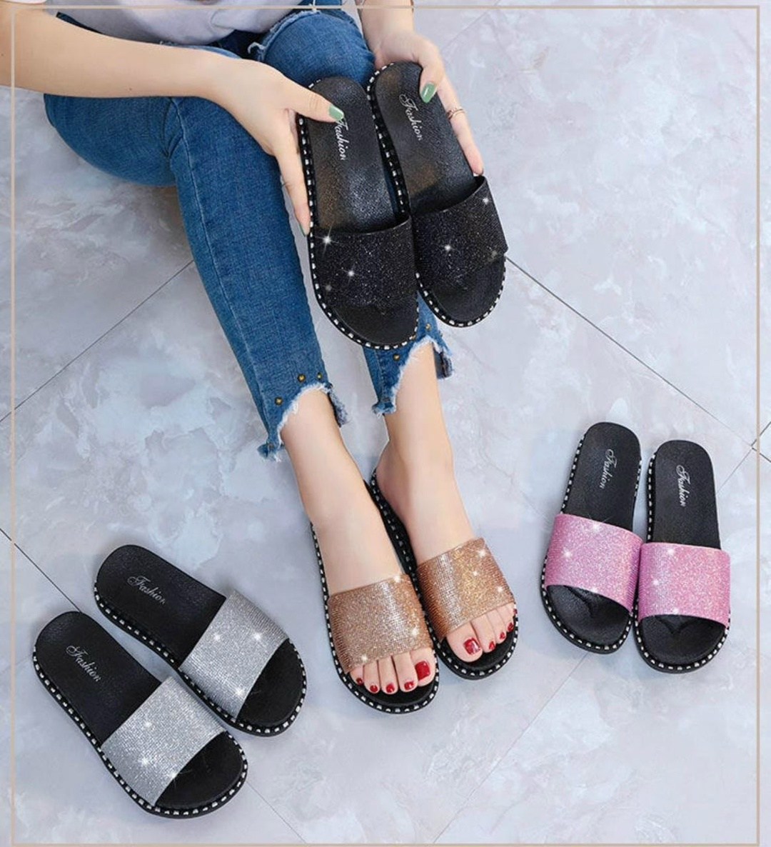 женские шлепанцы,модные тапочки,,шлепанцы блестящие,модные шлепанцы