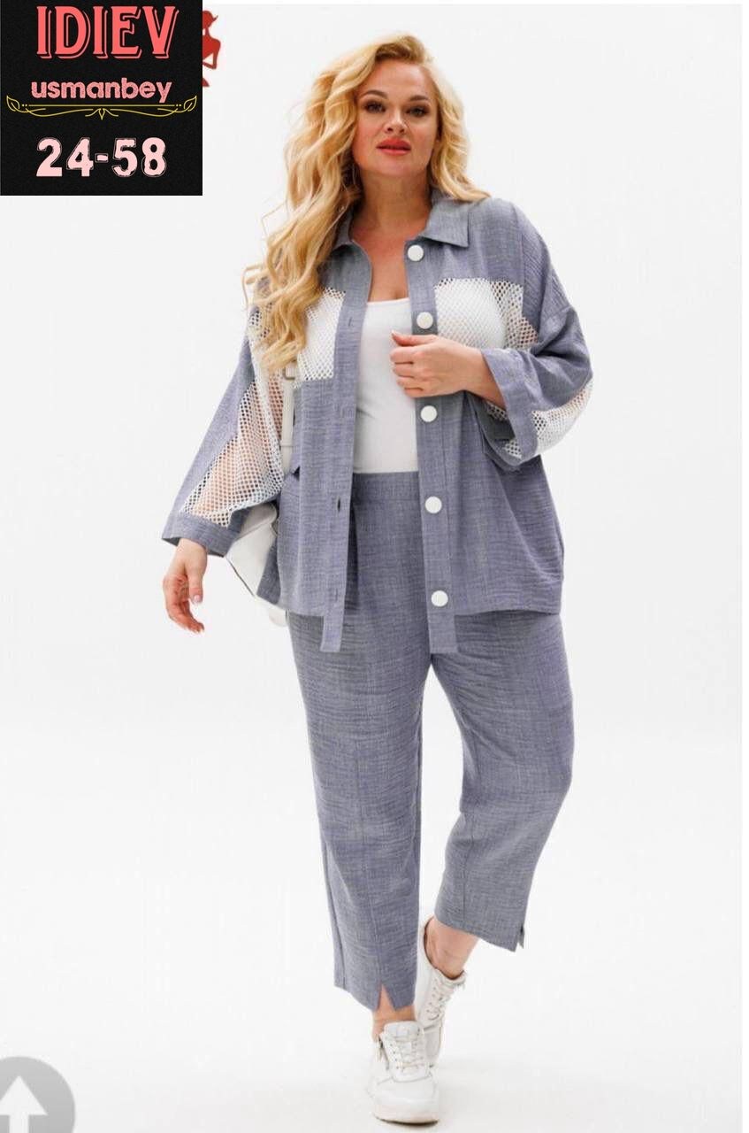 брючный костюм женский для полных,женский брючный костюм большие размеры,брючный костюм anastasia 1091 голубой меланж двойка,брючный костюм anastasia 1091 голубой меланж двойка голубой размер 50-60,бр