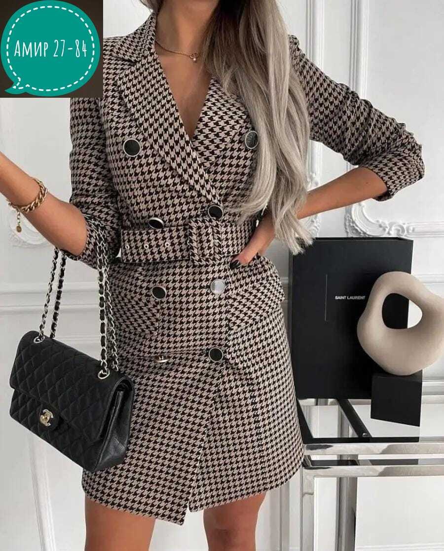 женский длинный пиджак в клетку,платье пиджак в клетку с поясом,платье-пиджак,платье гусиная лапка,платье пиджак в клетку