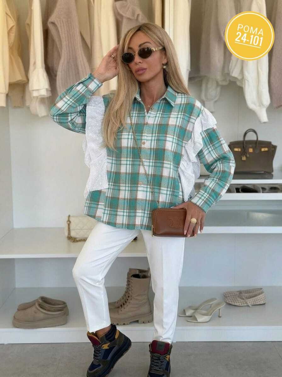 женская рубашка,женская рубашка в клетку,рубашка женская в клетку оверсайз,рубашка стильная,рубашка в клетку оверсайз со стразами perferita