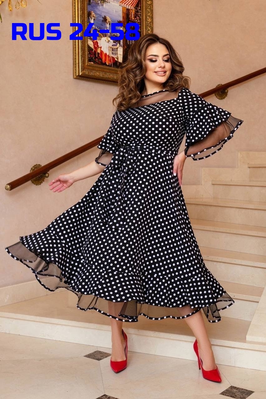 платье нарядное,платье миди,платья женские больших размеров,женское платье в горошек,платья в горошек