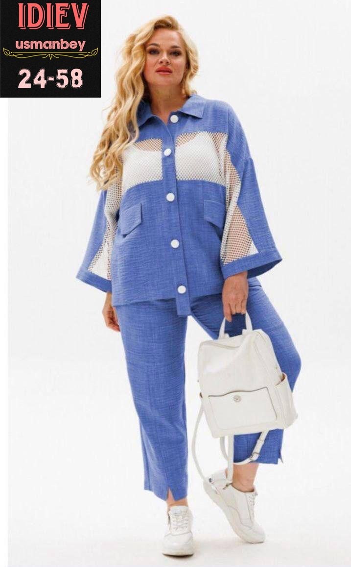 брючный костюм женский для полных,женский брючный костюм большие размеры,брючный костюм anastasia 1091 голубой меланж двойка,брючный костюм anastasia 1091 голубой меланж двойка голубой размер 50-60,бр