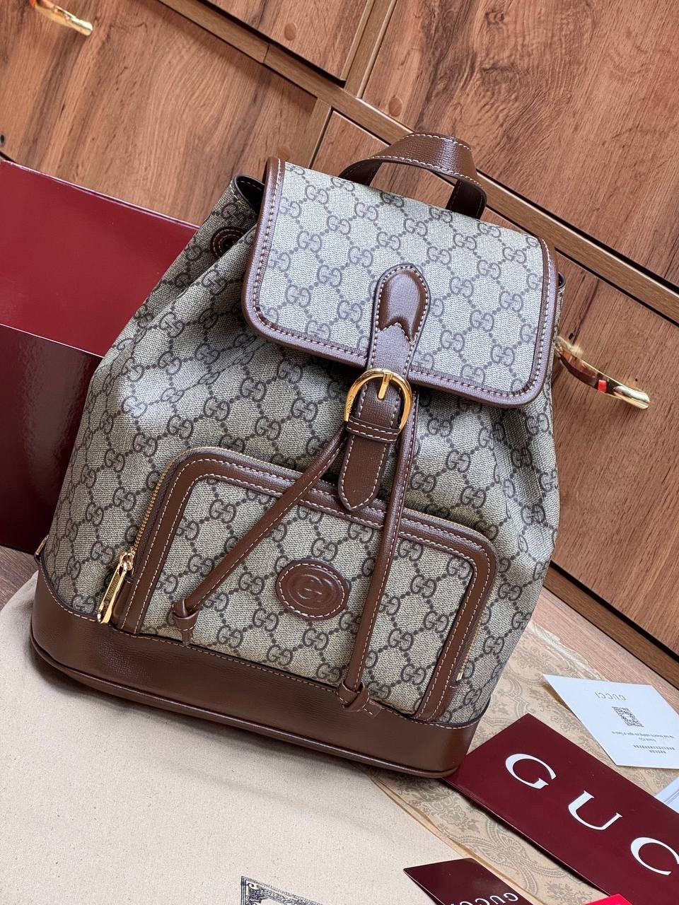 рюкзак gucci a123176 28/26/13 см коричнево-бежевый,рюкзак женский gucci,рюкзак gucci,backpack gucci,кожаный рюкзак гуччи