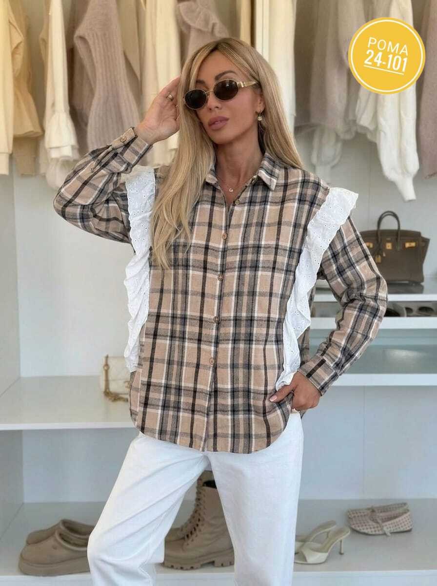 женская рубашка,женская рубашка в клетку,рубашка женская в клетку оверсайз,рубашка стильная,рубашка в клетку оверсайз со стразами perferita