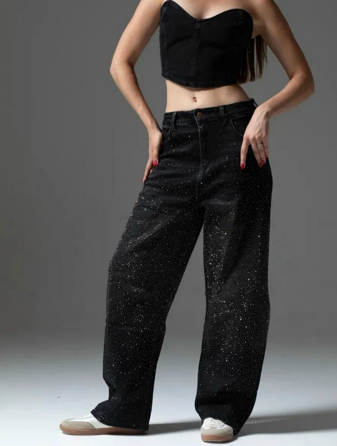джинсы широкие багги со стразами selfsame,джинсы со стразами,джинсы с термостразами,джинсы широкие багги со стразами selfsame цвет черный,джинсы прямые со стразами черные le o 222675248