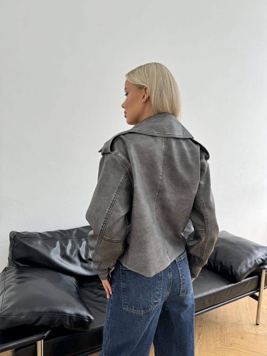 косуха винтажная куртка кожаная oversize серая monyken,косуха куртка,косуха оверсайз кожаная куртка серая винтажная aftfbasic,кожаная куртка косуха janna banana цвет серый,куртка косуха женская из эко