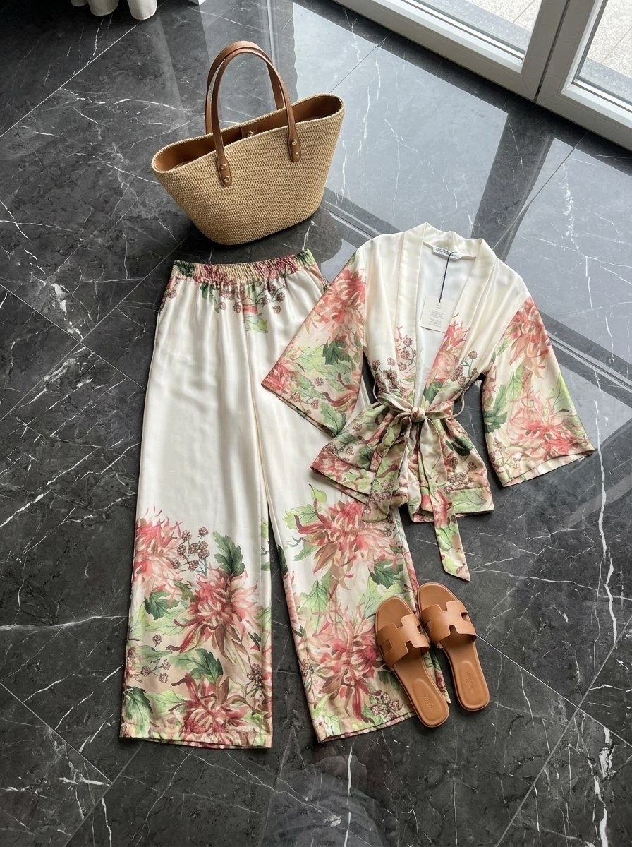 летние костюмы,шелковые брюки,кимоно халат,кимоно